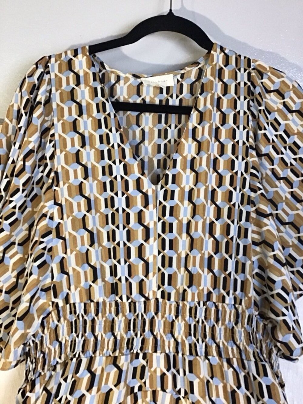 Melloday Geometric Print Smocked Waist Flutter Sleeve Rachelle Maxi Dress S - Picture 3 of 7